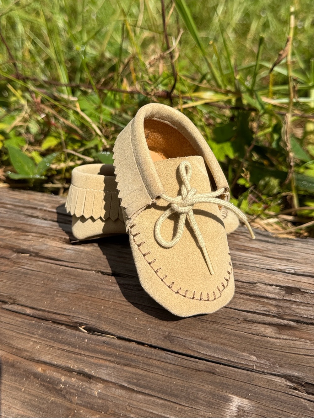 Vintage Stride Right Pre walke tan moccasins 
Boy girl 2 months